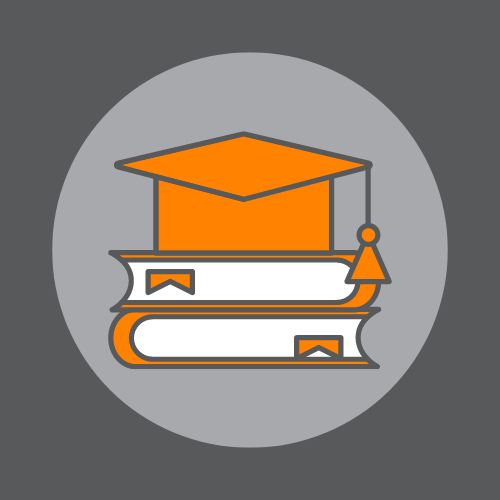 Clipart of a stack of books and an orange graduation cap sitting on top of them. 
