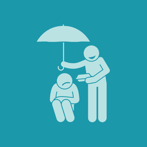 One stick figure sharing their umbrella with another stick figure.
