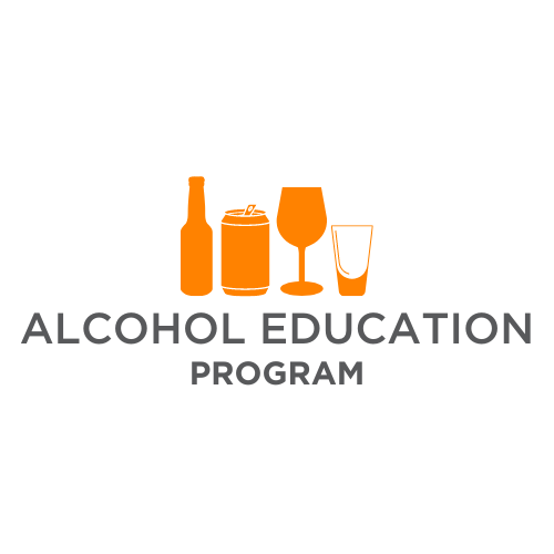 Image of standard drink sizes of a bottle, can, wine glass, and a shot glass above the words Alcohol Education Program.